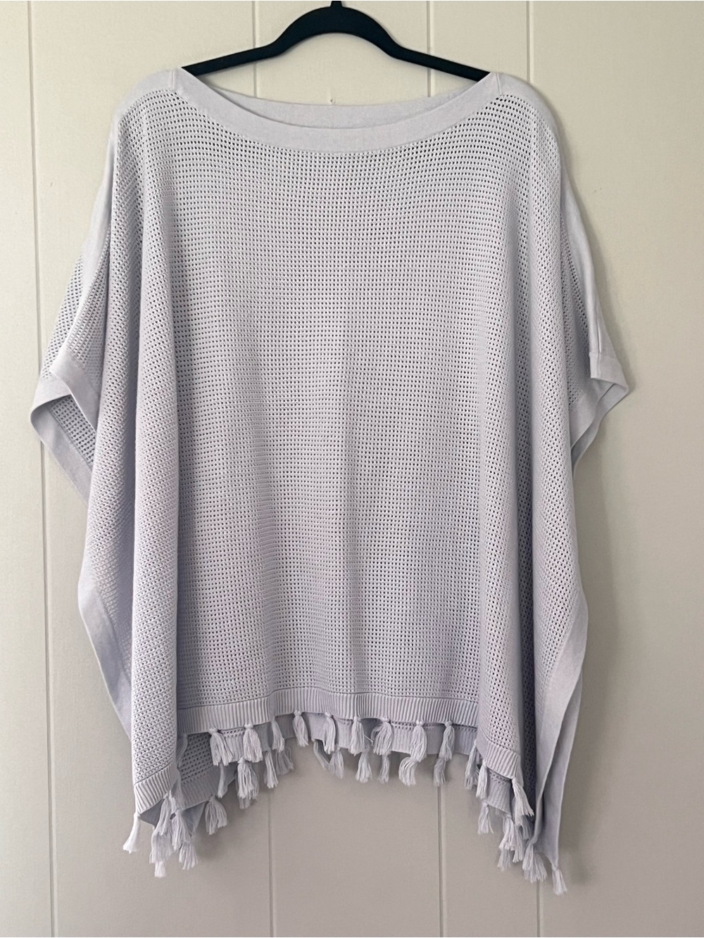 J. McLaughlin Light Blue Knit Poncho Sweater Tassel Fringe Open Sleeve Boho O/S